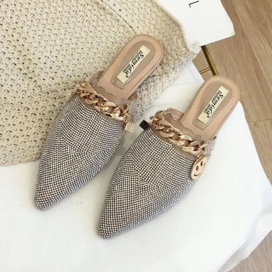 Full Rhinestone Scarpe Mule Outdoor Slippers Closed Toe Female Women Loafer Spring Flat Shoes with Diamonds