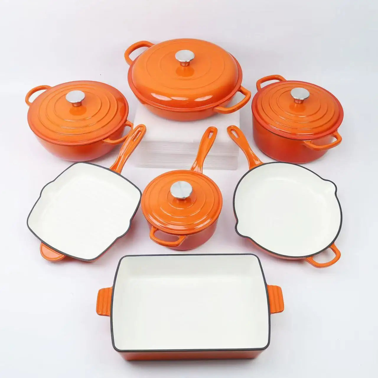Customized 7-Piece Cast Iron Cookware Set Red Enamel Coated Kitchen Casserole Pot Durable Minimalist Metal Design Low MOQ