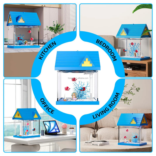 Mermaid Blue 2-Gallon Aquarium Fish Tank Kid's Gift with Filter Pump Glass Plastic Material for Living Room Kitchen Desktop
