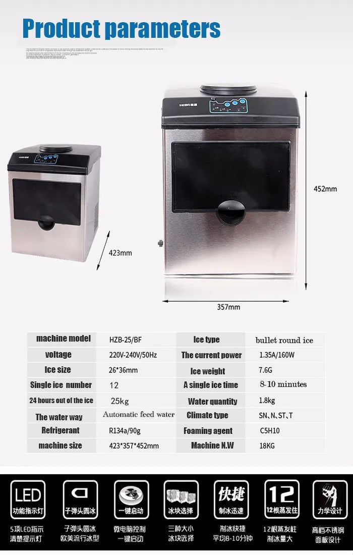 220-240V L/M/S size electric ice maker 25kg/day commercial countertop Automatic ice making machine ice cube making machine