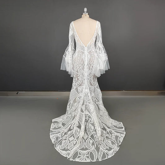 4515# Modern Sweep Train Backless Flare Sleeves Wedding Dress Elegant Illusion Appliques Mermaid Lace Bridal Gown REAL PICTURE