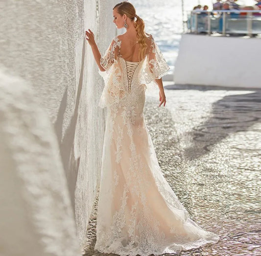 13365#Illusion Chic Bohemian Sweetheart Elegant Backless Lace-Up Flare Sleeves Mermaid Lace Applique Wedding Dress Bridal Gown