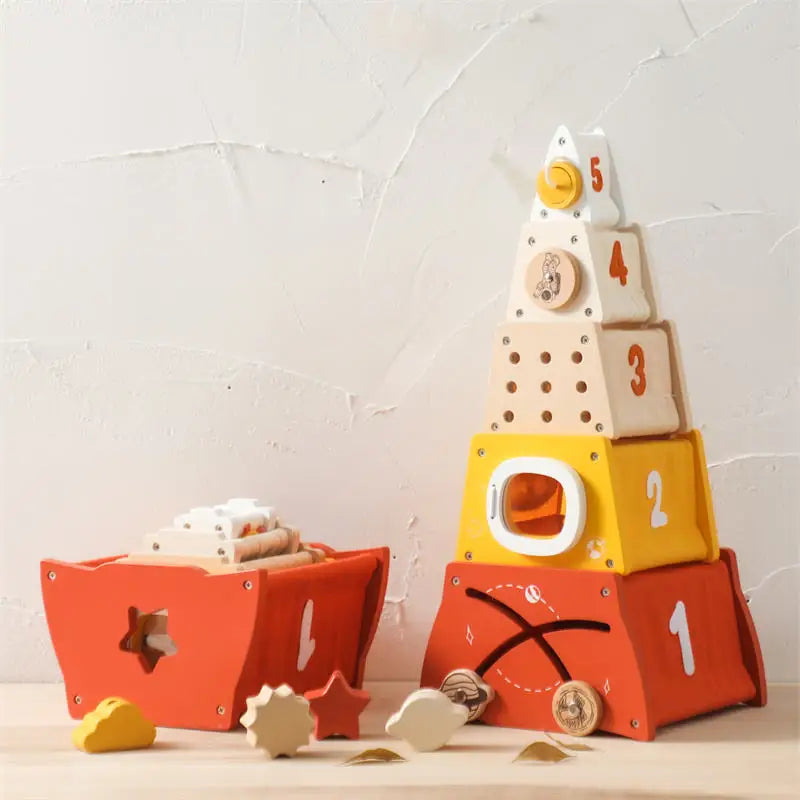 Montessori Early Educational Shape Matching Threading Toys Learning Rocket Multifunctional Stacking Toy Educational Blocks