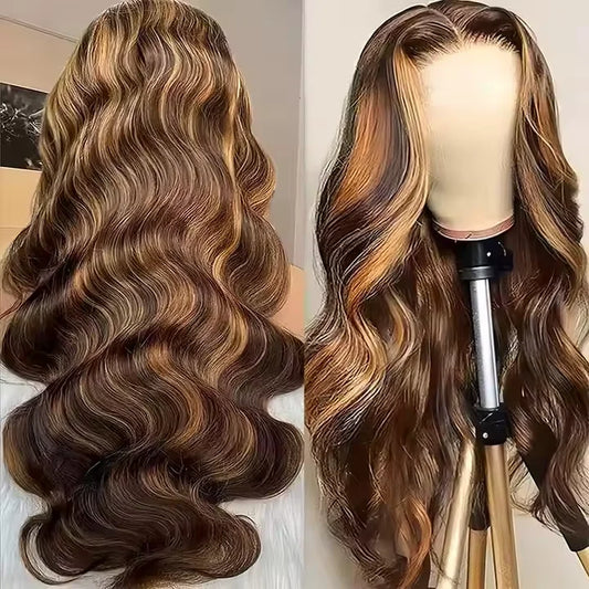 Highlight Human Hair Wigs Body Wave 4x4 HD Transparent Lace Front Wig Pre Plucked Ombre Brown Blonde Vietnamese Hair Wig