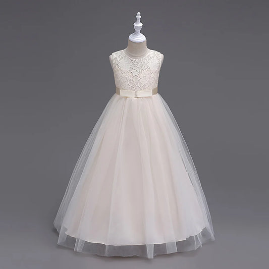 Morili Good Quality Puffy Ball Gown Little Girl Dress Floor Length Appliqued Lace Tulle Flower Girl Dresses Bowtie MFA9999