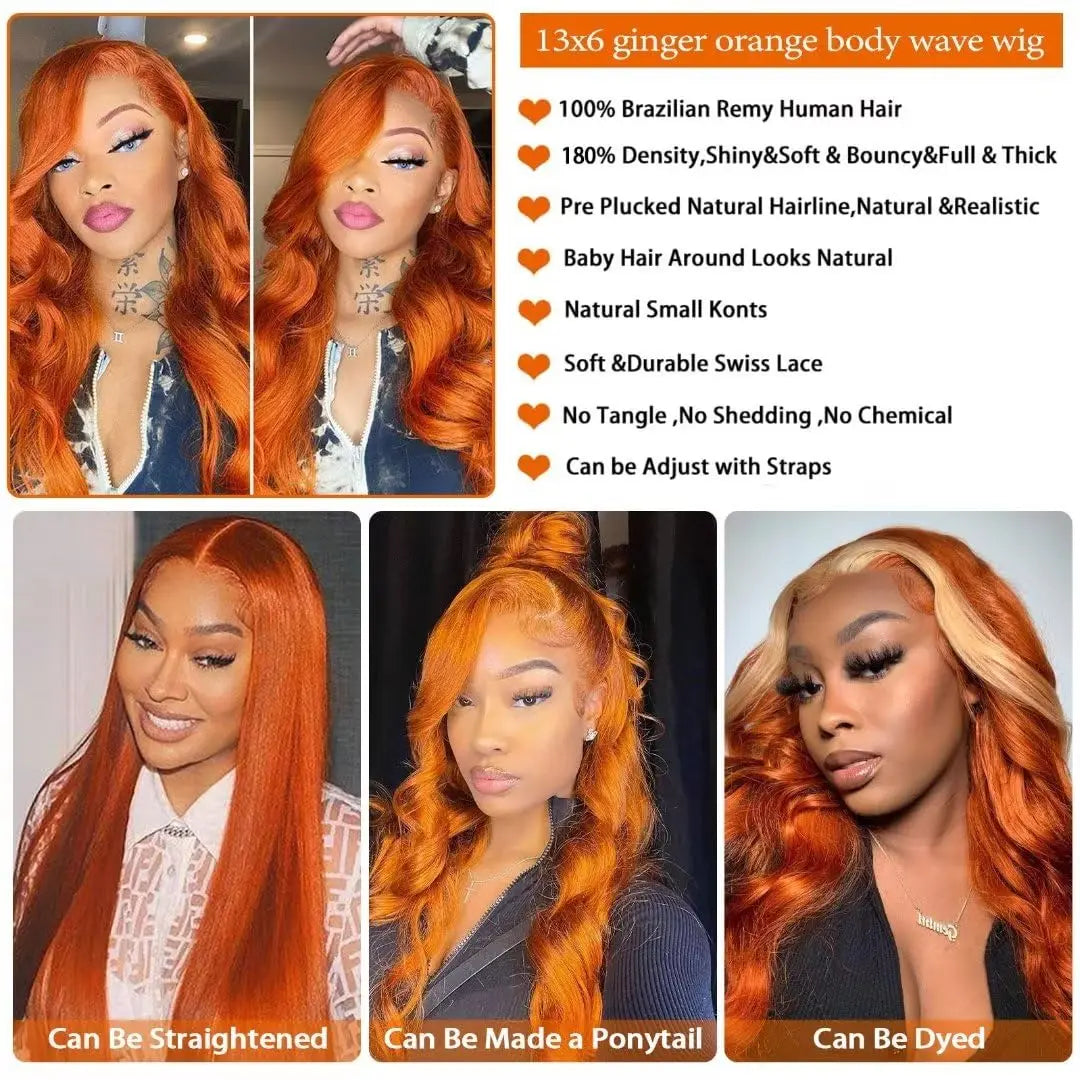 Orange Ginger 13x6 Hd Glueless Lace Front Human Hair Wig Lace Frontal Colored Body Wave Human Hair Wigs for Black Women