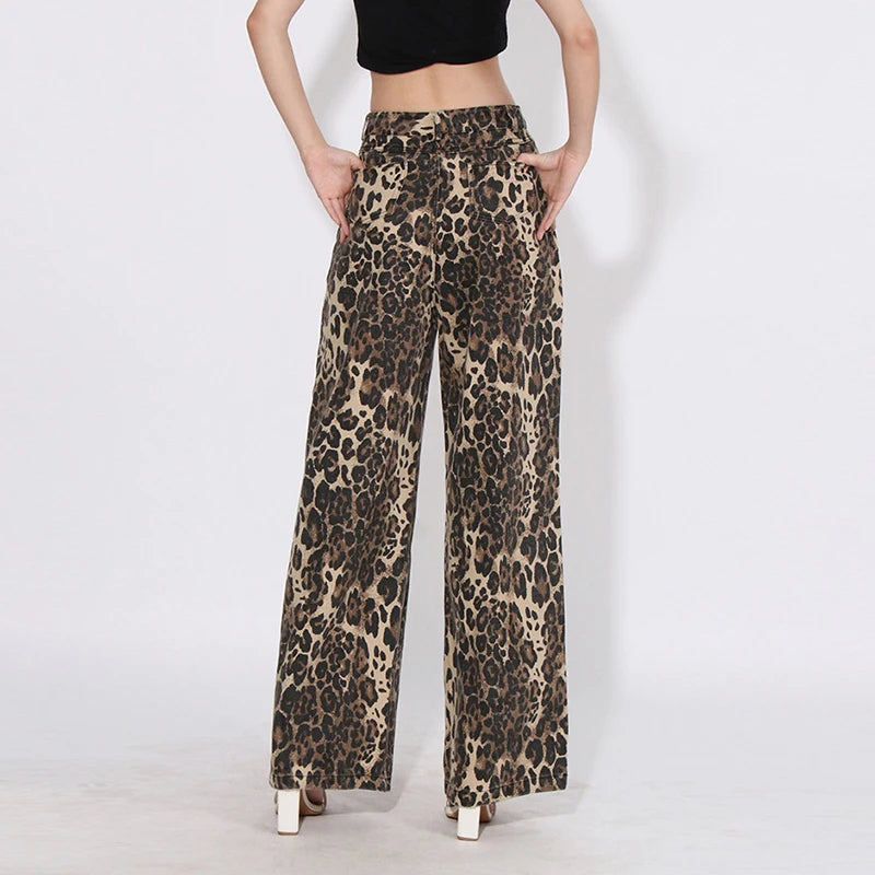 TWOTWINSTYLE Casual Vintage Fashion Leopard Denim High Waist Wide-Leg Pants Broken Holes Straight Loose Fit Breathable Design