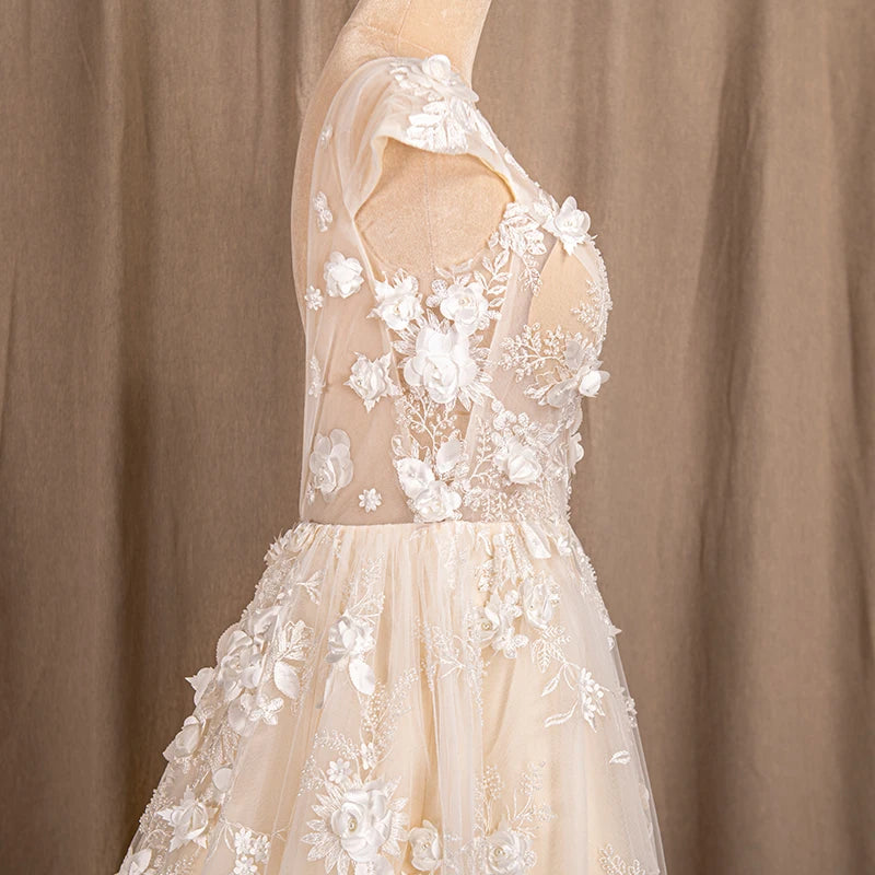 9261# Illusion Sheer Neck A-Line Wedding Dresses for Women Fashion 3D Lace Appliques Sleeveless Bridal Gowns