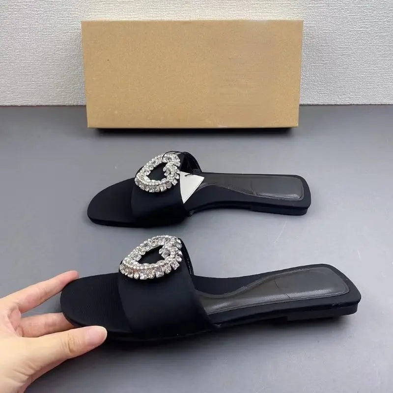 Latest Design Love Rhinestone Ladies Slides Footwear Open Toe Flat Casual High Quality 2025 Women's Sandals
