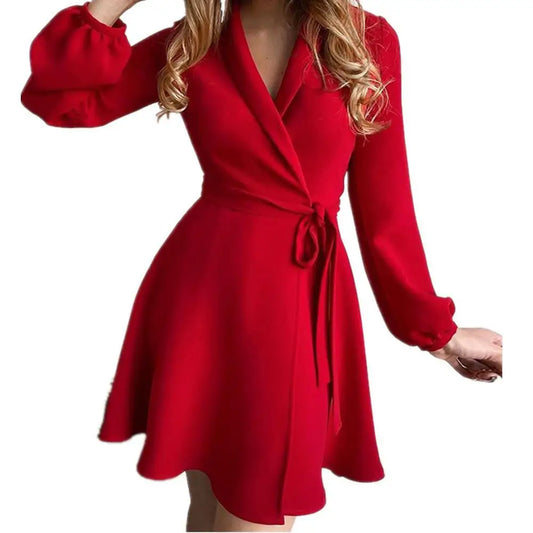 Spring Autumn Occident Design Women's Cross V-neck Causal Long Sleeve Dresses With Belt Floral Printing Elegant Dress