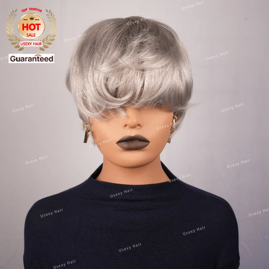 Pixie Cut Silver Grey Short Straight Bob Human Hair Wig for Women Brazilian Remy Hair Glueless Colored Machine Made Cheap Wig