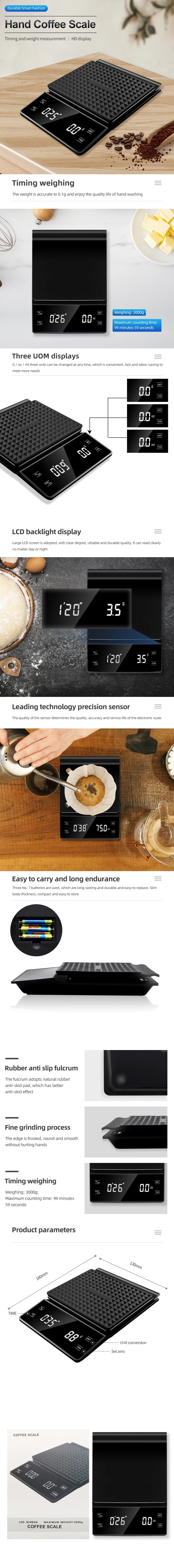 3kg/0.1g Coffee Scale with Timer Kitchen Tools Digital Multifunction Weighing Scale Pour Over Drip Espresso Scale LCD Display