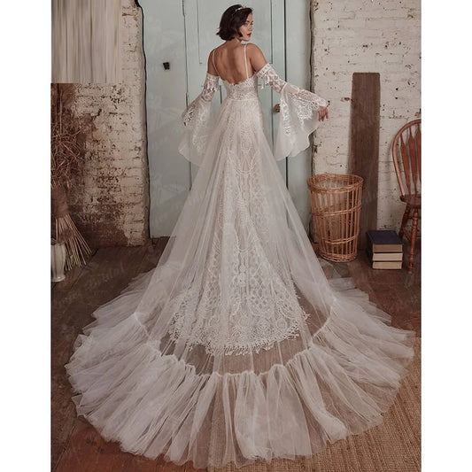 11796# Bohemian Open Back Lace Detachable Sleeves Boho V Neck Lace Spaghetti Straps Wedding Dress Wedding Bridal Gown Custom