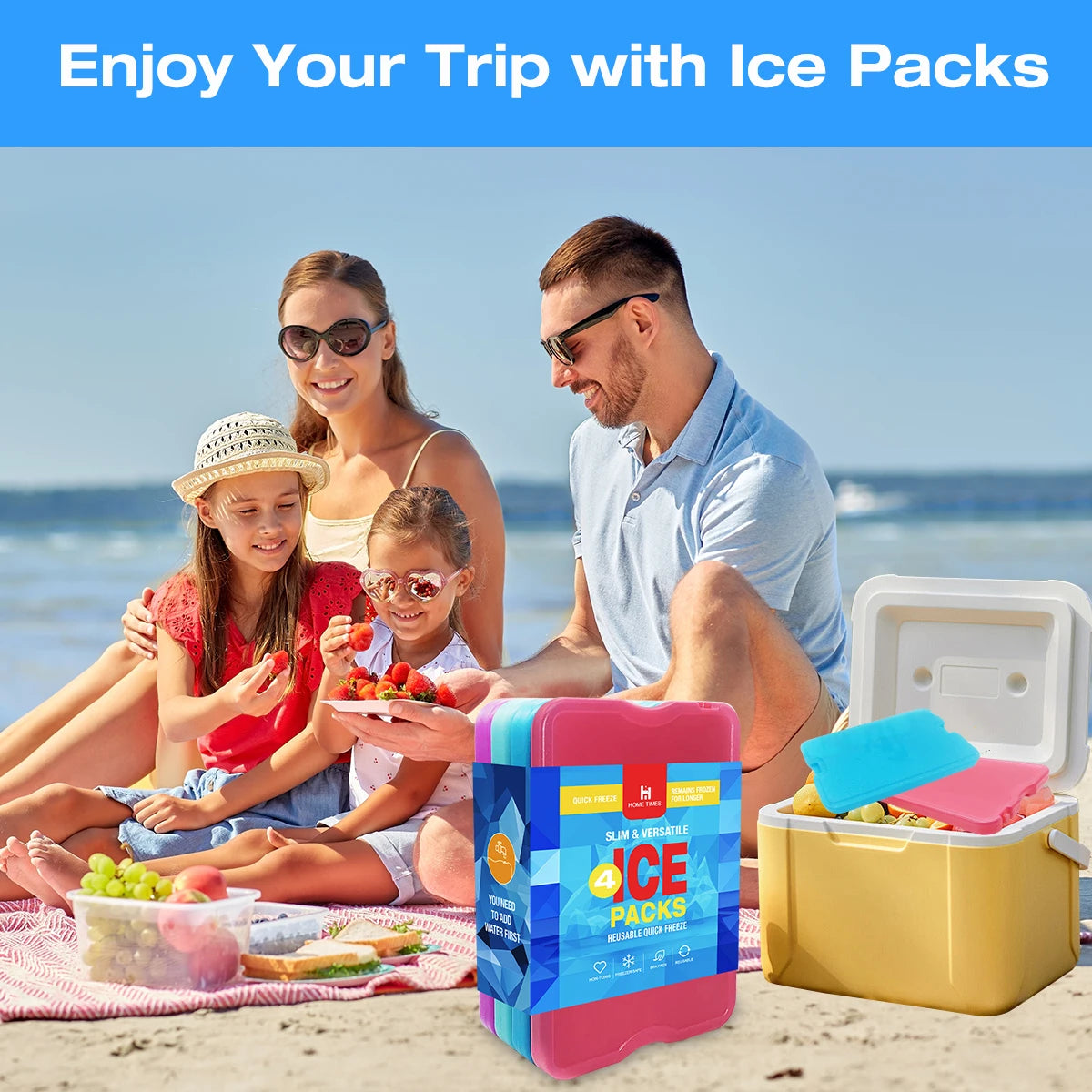 HomeTimes 4 Pack Reusable and Non-Toxic Cold Packs - Portable, Eco-Friendly for Lunch & Camping Trips, Leak-Proof, Colorful