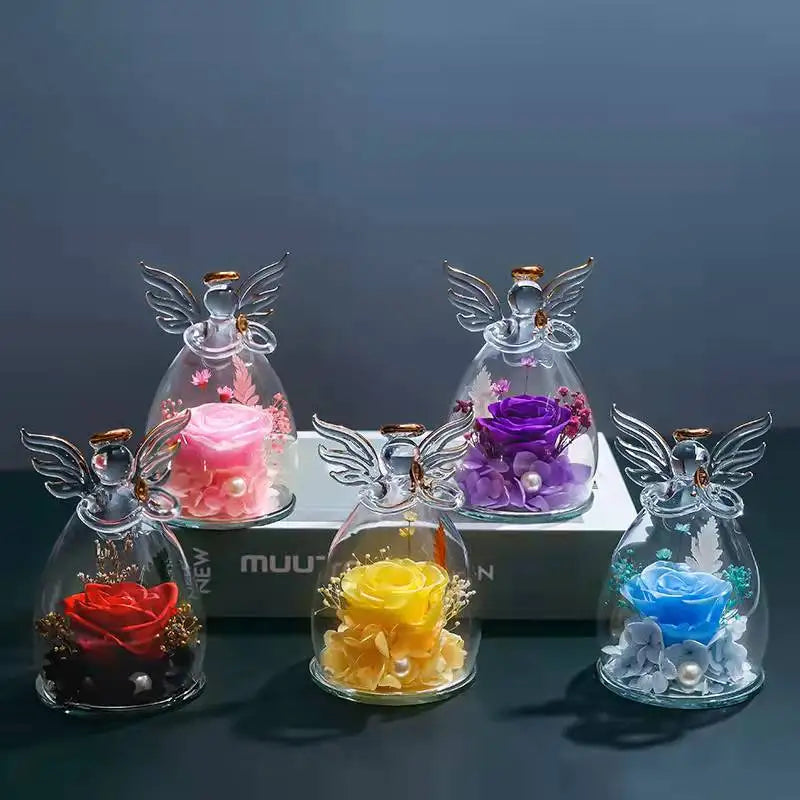 Wholesale Customized Angel Figurines Glass Dome Real Preserved Rose Flower for Valentine's Day Eternal Forever Roses Flowers