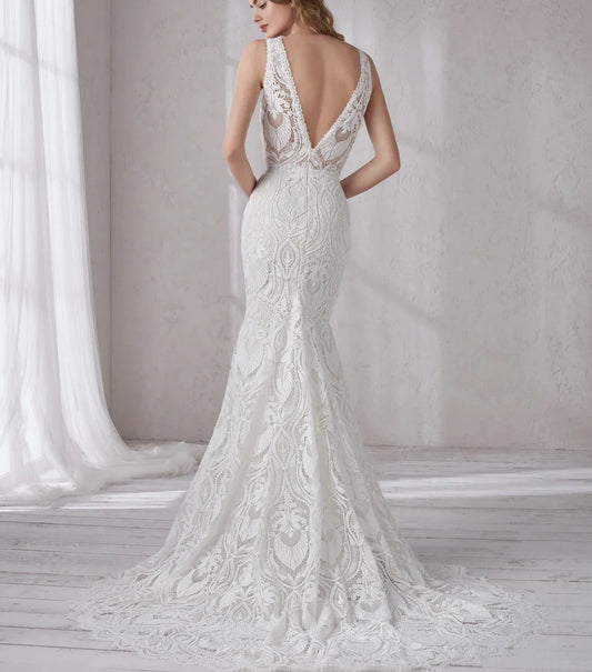 11941#Elegant Sleeveless Gorgeous Deep V Neck Open Back Bohemian Lace Mermaid Beach Wedding Dress Wedding Bridal Gown