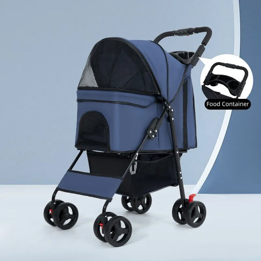 Pet Stroller, 4-Wheel Dog Pram for Small Medium Cats and Dogs with Storage Basket and Cup Holders for Outdoor Travel