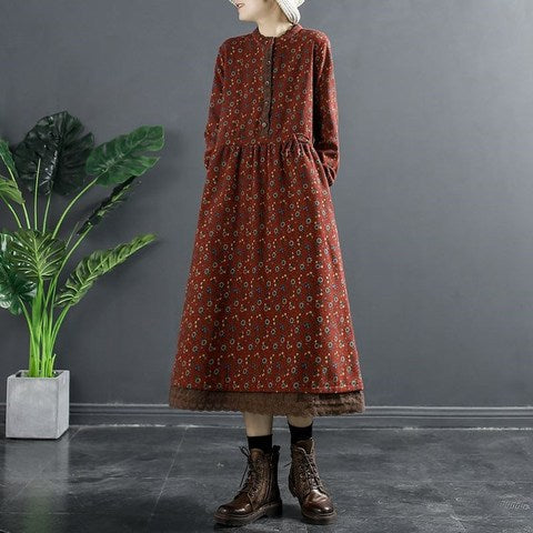 Spring New 2024 vintage printed lace-up waist lace small floral bottoming plus size women's long sleeve dress