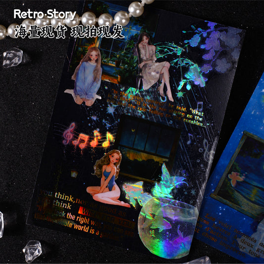 Retrostory Rainy Night Series Laser Tape Stickers with Silver White Die-Cut Pet Tape for Journaling and Ins Material Stickers