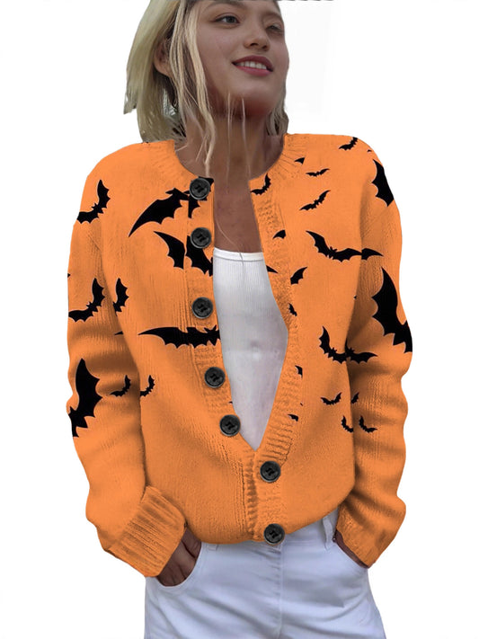 Ll-Yk1 Halloween Cardigan Round Neck Long-Sleeved 3D Printed Sweater European and American Cross-Border Casual Women's Clothing Amazon Theme