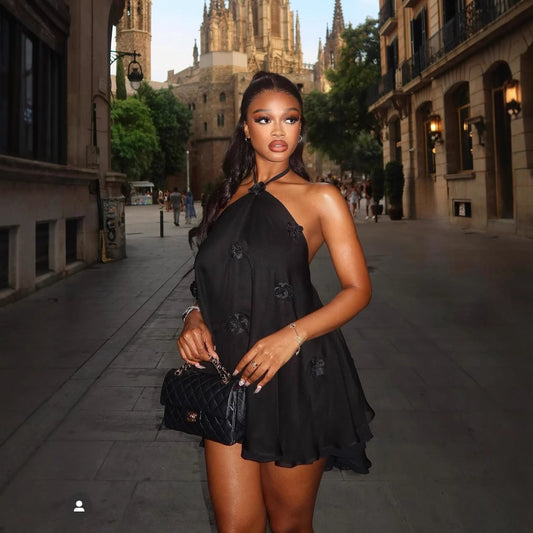 3D Flower Halter Chiffon Mini Dress