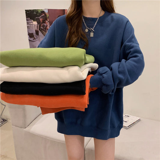 Solid Color Velvet Sweatshirt for Women in Autumn and Winter Korean Style Loose Casual Top T-Shirt Female Student Couple Outwear Bottoming Shirt