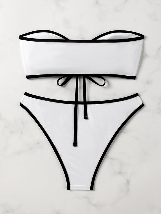 European and American Style Sexy Bandeau Bikini Swimsuit for Women, Solid Color with Chest Pads, Simple Cross-Border Two-Piece Swimsuit