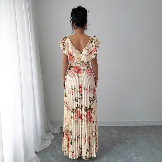 V-neck Digital Floral Print Ruffles Dress