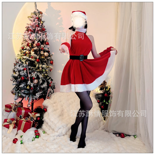Crisp Christmas theme clothing sexy halter suit skirt dress uniform passion red Christmas battle gown