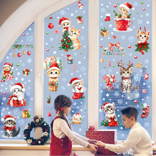 Cross-border New Cute Christmas Cat Balloon Gift Snowflake Glass Stickers Christmas Shopping Mall Glass Door Decorative Stickers
