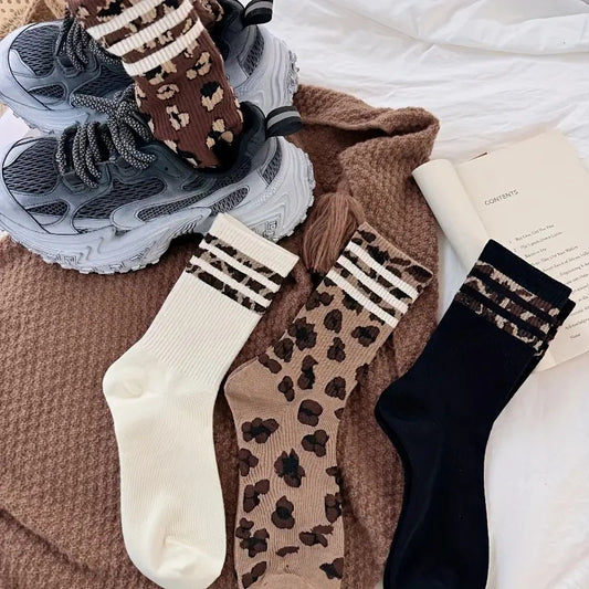 Socks Women's Mid-length Socks Spring and Autumn Korean Style Fashionable Socks Spotted Leopard Print Stockings All-match Non-slip Women's High Socks