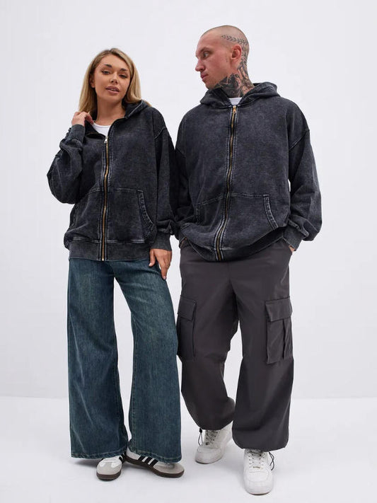2025 New Autumn and Winter 400g Washed Retro Zipper Hooded Sweatshirt for Men and Women, Loose Casual Retro Top