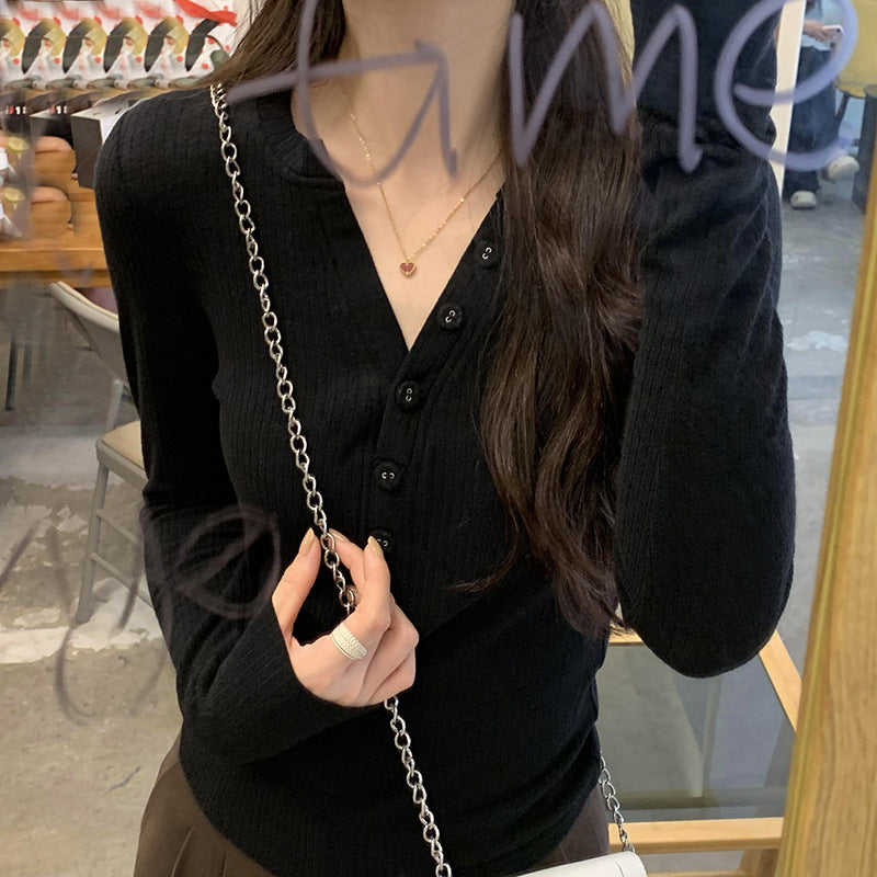 European in stock Korean Style Lazy Relaxation Inner Base T-shirt Women's Early Autumn New Style Elegant Slim-fit Half-open Collar