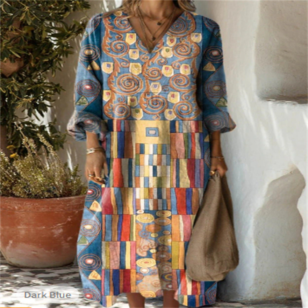 Women's Printed Plus Size Loose Long Sleeve Dress