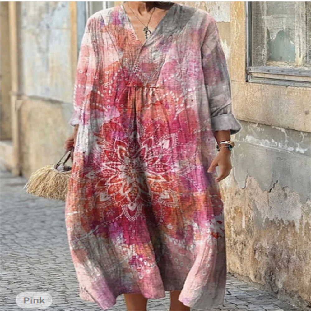 Women's Printed Plus Size Loose Long Sleeve Dress