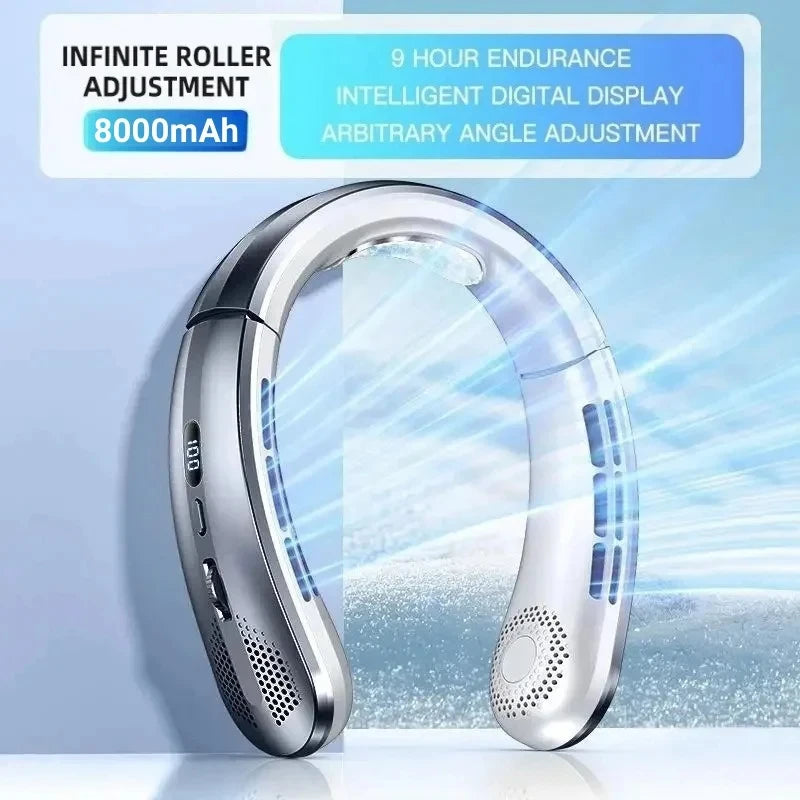 8000mAh USB Hanging Neck Fan Portable Bladeless Mini Rechargeable Mute LED Digital Display Electric Fans Air Cooler New