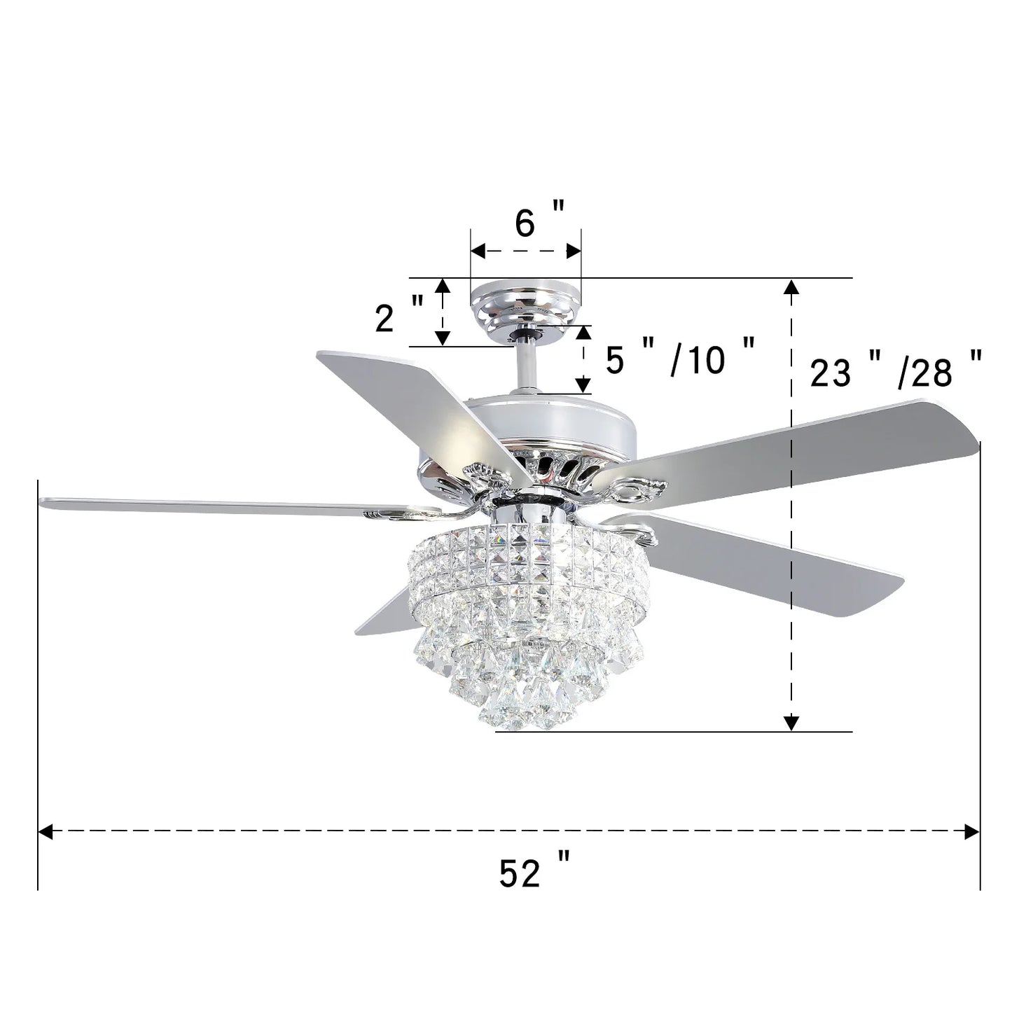 KOMORE Modern 52 Inch Crystal 3-Light Ceiling Fan with Remote, 5 Blades for Office, Living Room, Bedroom