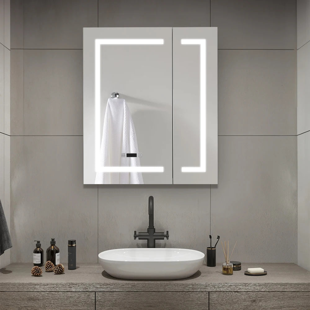KOMORE Frameless 2-Door LED Mirror Cabinet with Clock Display & 3 Lighting Modes & Defogger Function & IP44 Waterproof
