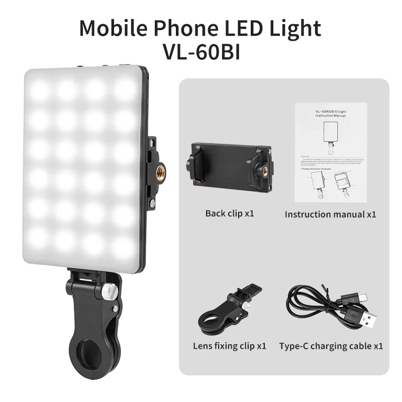 RGB LED Pocket Fill Light Mini Clip-On Rechargeable Video Light for Phone iPad Laptop Vlog Selfie Live Broadcast Photography