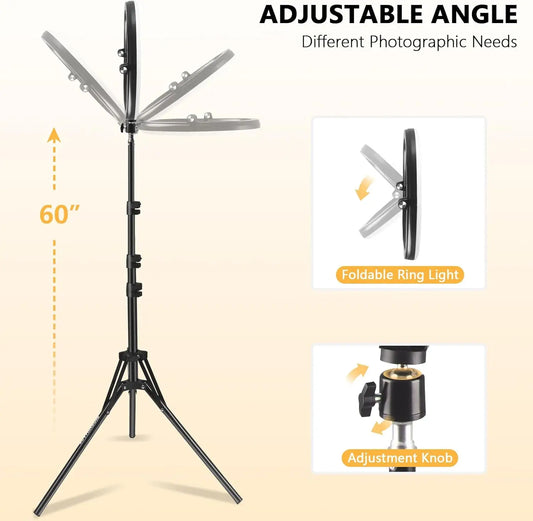 10-Inch LED Ring Light Foldable with 1.1m Tripod Stand +O-Clamp,3 adjustable lighting modes for Photography, Live Stream, Makeup