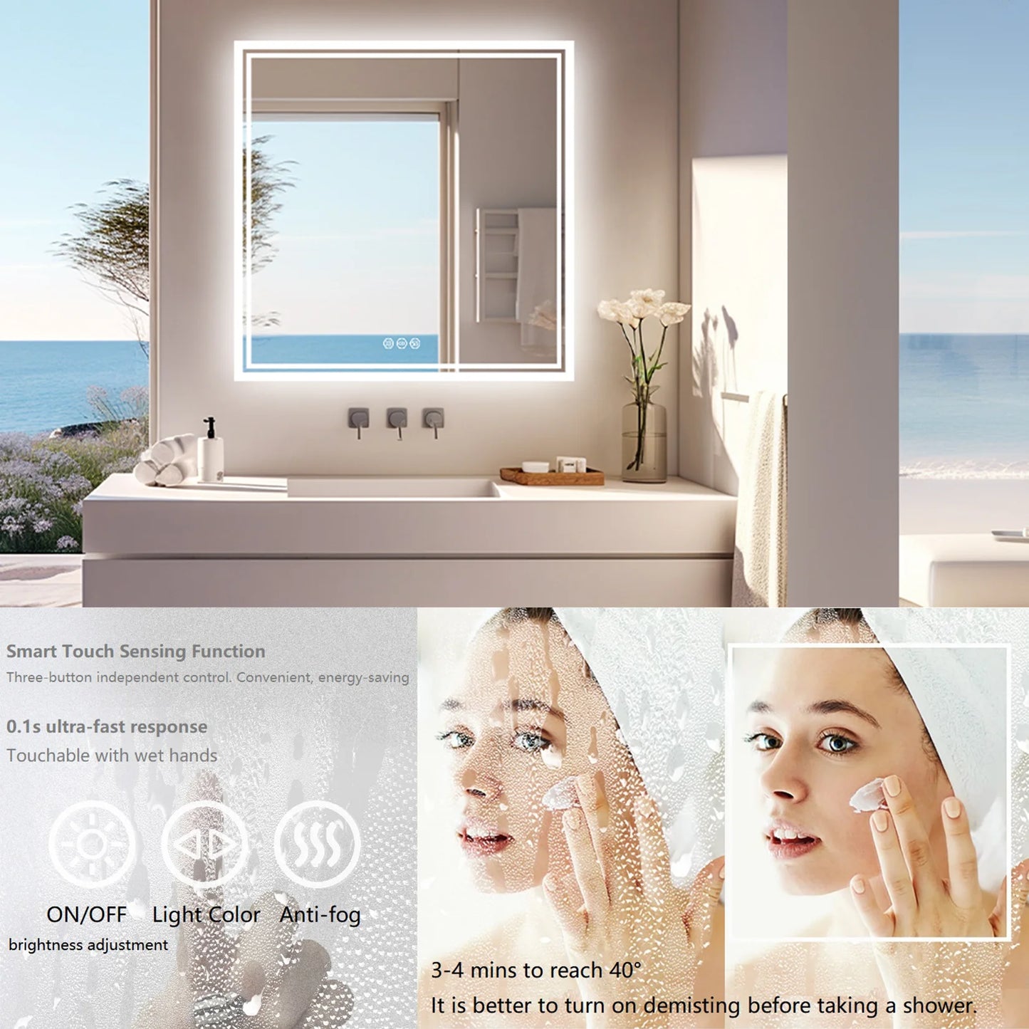 Square Backlit LED Mirror Dimmable Illuminated Bathroom Vanity Mirrors Anti-fog 3500K-6500K Smart Memory