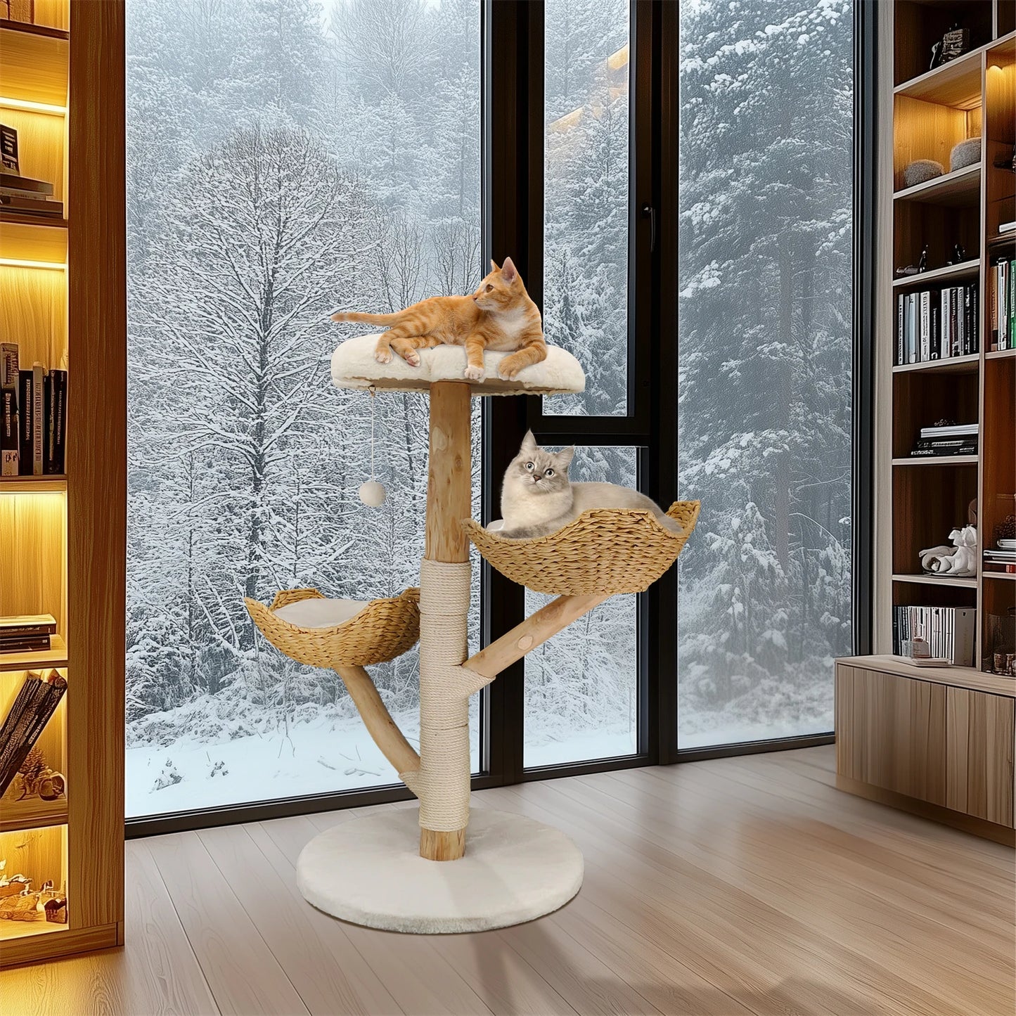 Modern Cat Tree Activity Tower with Plush Cushion and Toy Ball Sisal Scratching Post Kitten Play House for Indoor