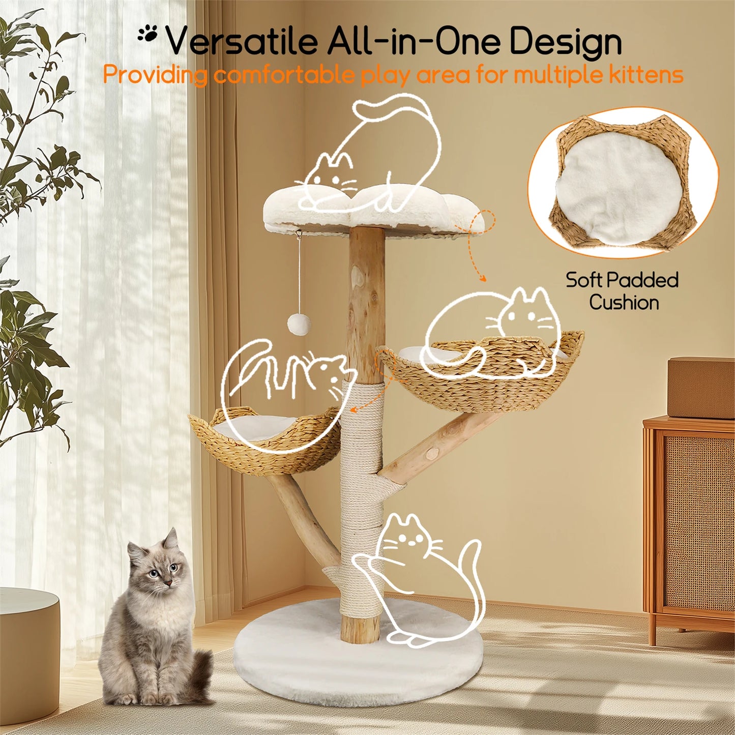 Modern Cat Tree Activity Tower with Plush Cushion and Toy Ball Sisal Scratching Post Kitten Play House for Indoor