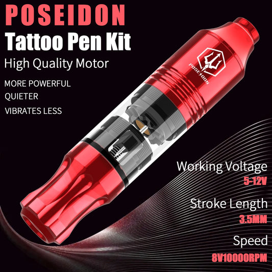 Tattoo Kit POSEIDON Red High Power Tattoo Pen Kit For Permanent Makeup Tattoo Machine Kit Cool Tattoo Power Supply Tattoo Gun Ki