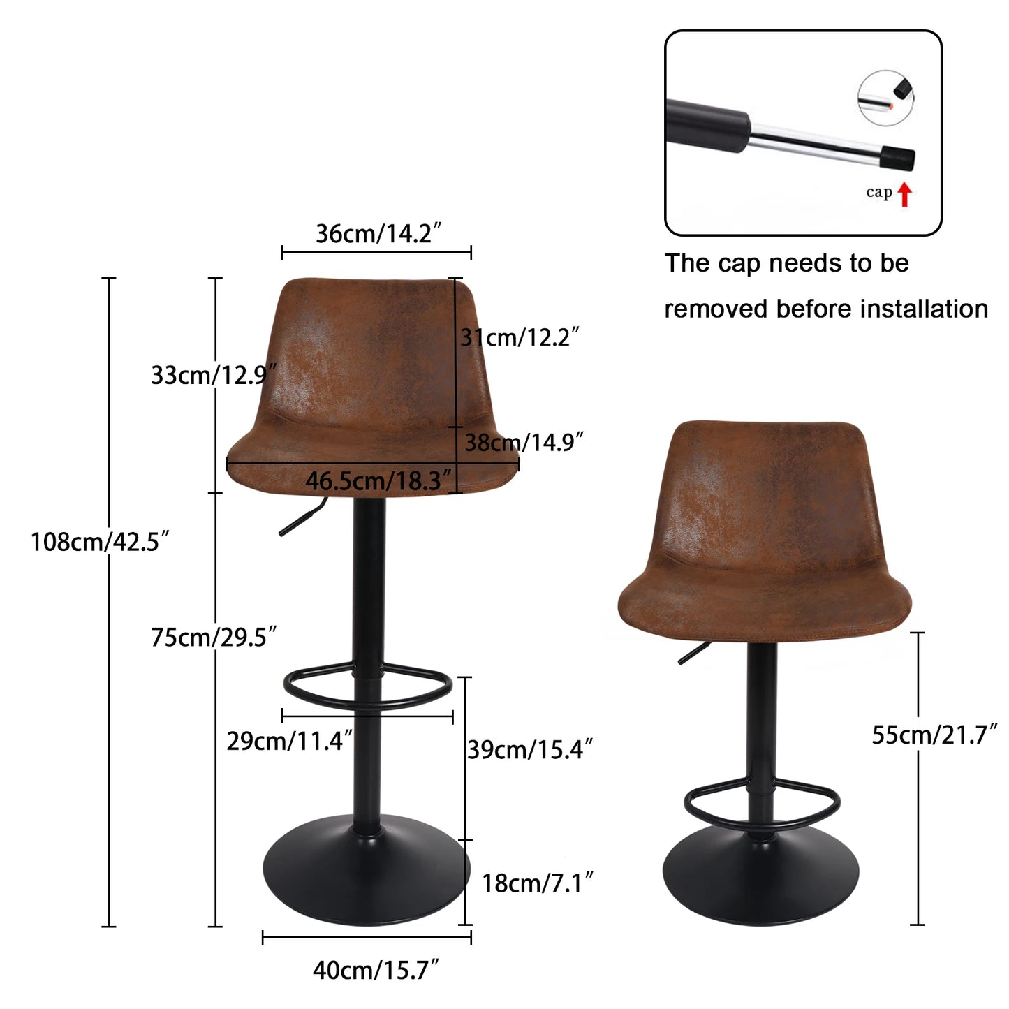 2x Industrial Vintage Tall Bar Stools Adjustable Pipe Kitchen Pub Stool Leather Padded Seat Bar Chair Furniture