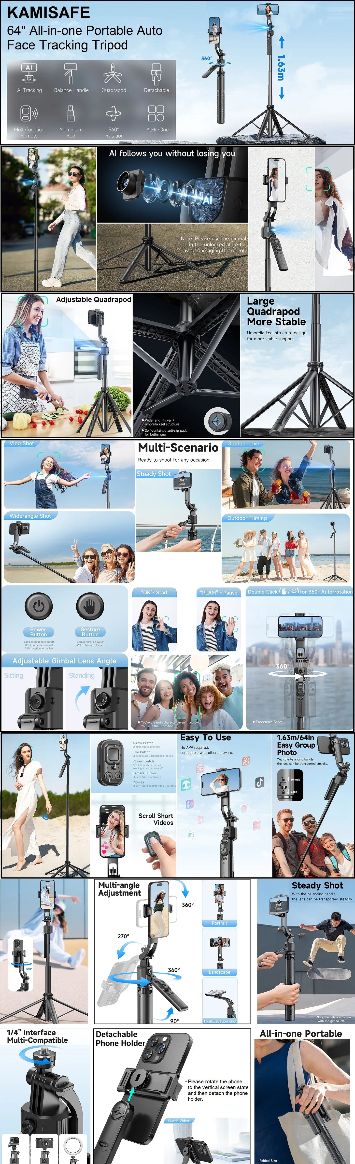 Extendable Auto Face Tracking Tripod 360° Rotation, No App, 64" Motion Sensor Phone holder Stand Camera Mount for Videos Vlogs