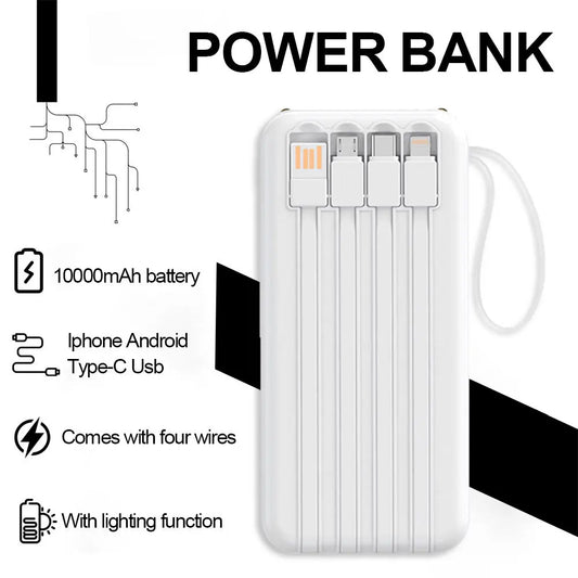 10000Mah Power Bank Pack 4 Cables Fast Charger External Battery For Mobile Phone
