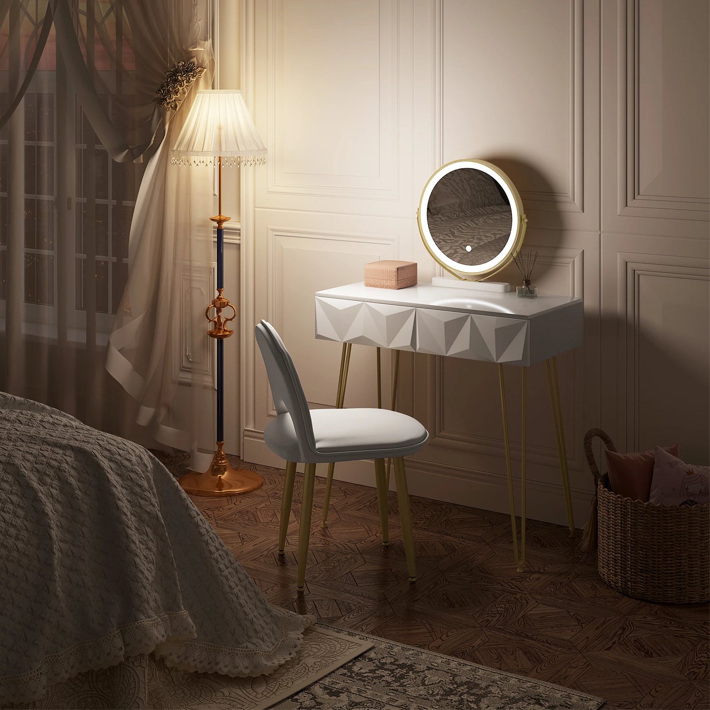 Dressing Table Vanity Cosmetic Table dresser with LED Light in 3 Light Colours Velvet Chair 2 Drawers 360° Rotating Mirror