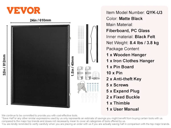 VEVOR Jersey Display / Sports Card Display Frame Case, Large Lockable Sport Shadow Box, 98% UV Protection PC Glass and Hangers