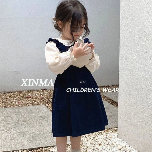 Girls Embroidered Corduroy Dress Set - Premium 2-Piece Doll Collar Shirt & Strap Skirt Outfit